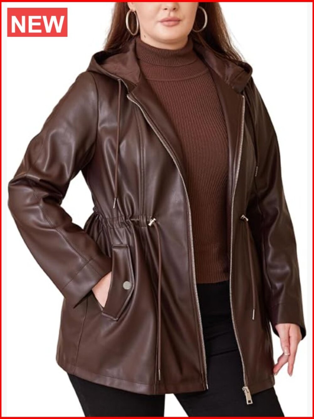 Plus Size Faux Leather Hooded Moto Biker Jacket Trench Coat with Drawstring